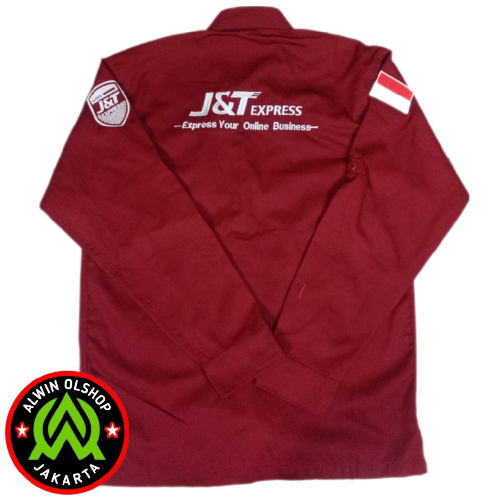 kemeja seragam jnt express lengan panjang warna merah cabe/maroon full bordir