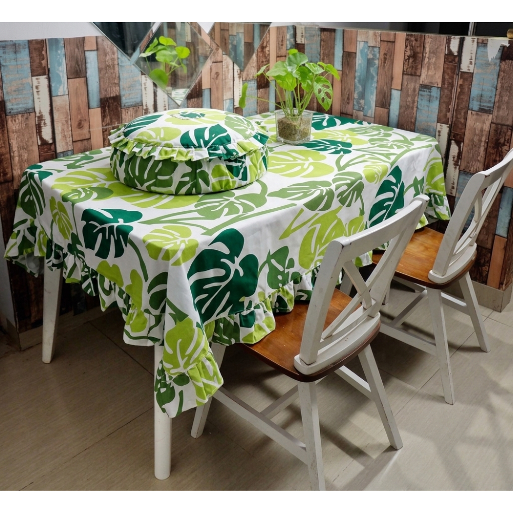 Shafiyyah.sarban Taplak Meja 4 kursi Rempel / Rumbai + Tudung Saji Bulat