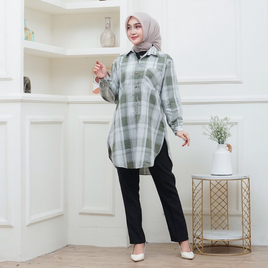 Kemeja Flanel Blouse Blus Baju Atasan Tunik Tunic Wanita Muslimah Remaja Dewasa Lengan Panjang Acara
