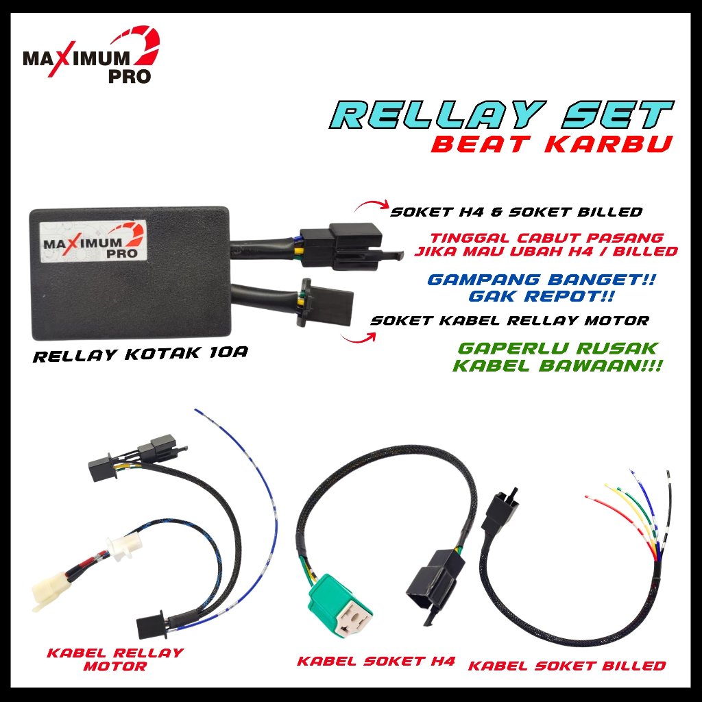 PREMIUM KABEL RELAY LAMPU SET BEAT KARBU 10A HID SOKET BILED LED H4 MOTOR SOCKET RELLAY LAMPU HONDA 