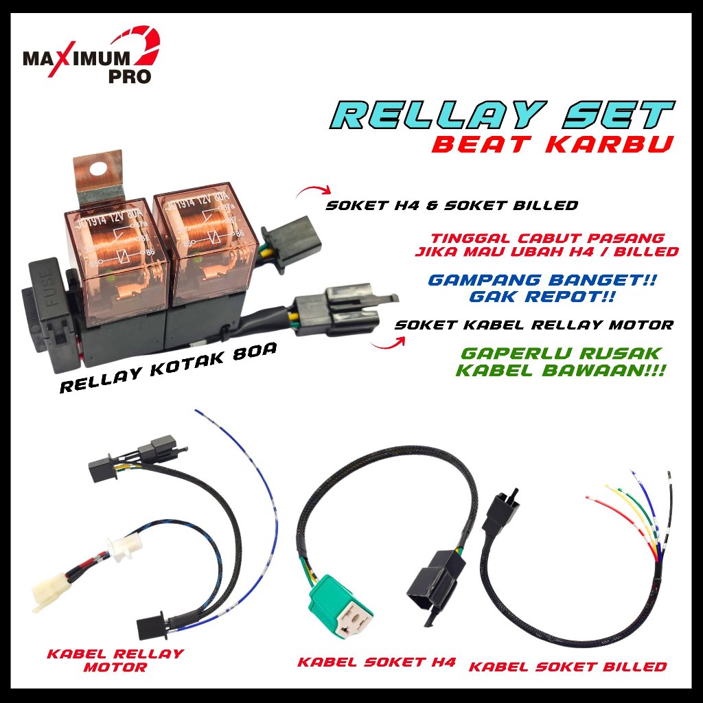 PREMIUM KABEL RELAY LAMPU SET BEAT KARBU 80A HID SOKET BILED LED H4 MOTOR SOCKET RELLAY LAMPU HONDA 