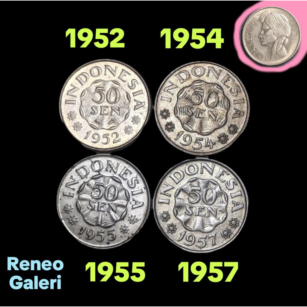 VF cuci Paket lengkap 50 Sen Diponegoro Dipanegara tahun 1952 1954 1955 1957 Uang koin kuno Indonesi