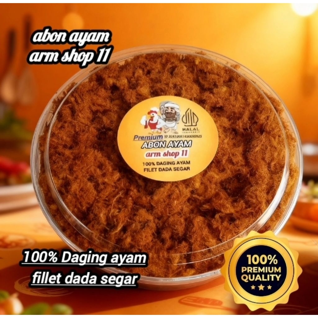 abon ayam ARM shop 11 nett 100 gram terbuat dari 100 % daging ayam fillet dada segar.. berkualitas d