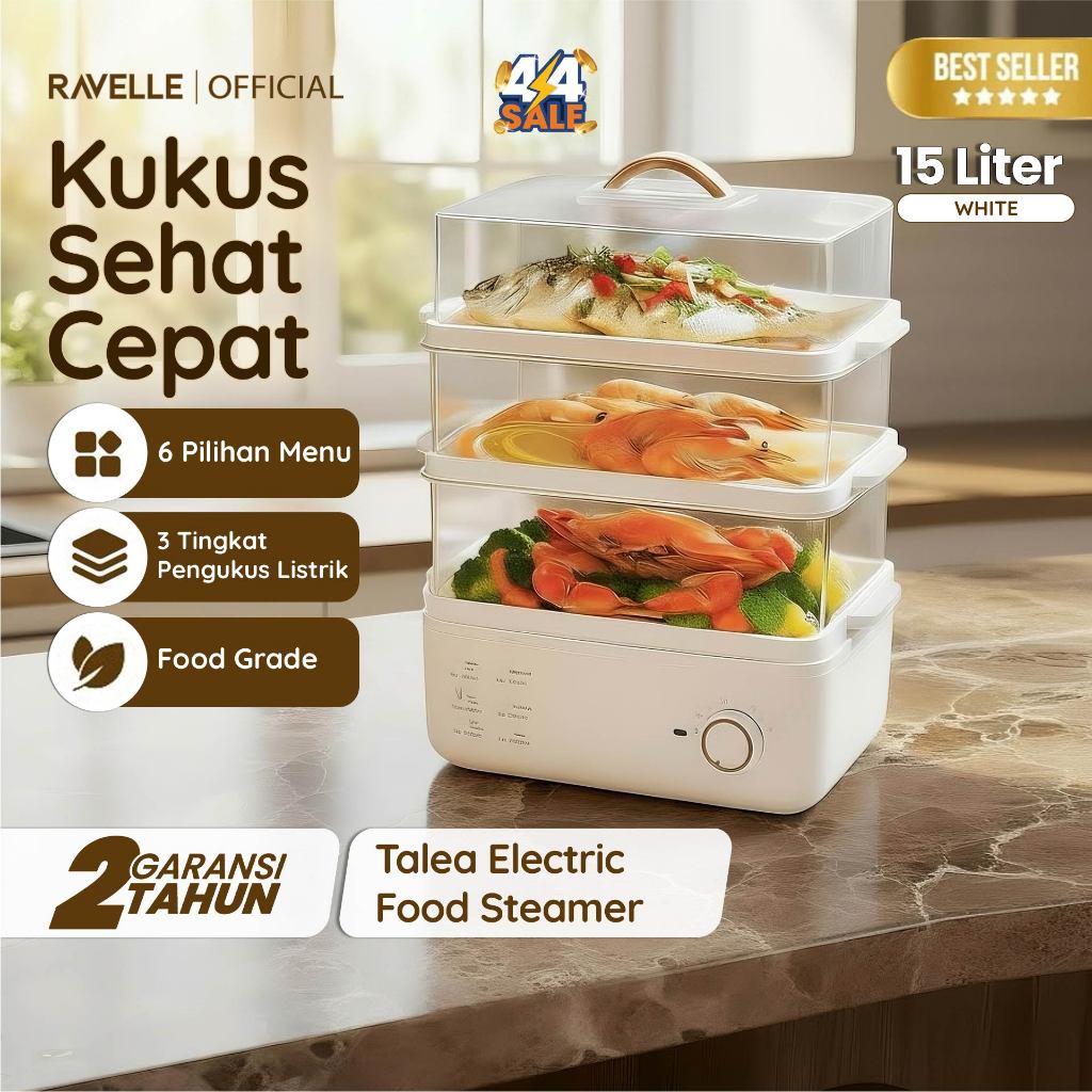 Ravelle - Electric Steamer 15 Liter Kukusan Listrik 3 Susun 800W Food Grade Clear PC Multifungsi