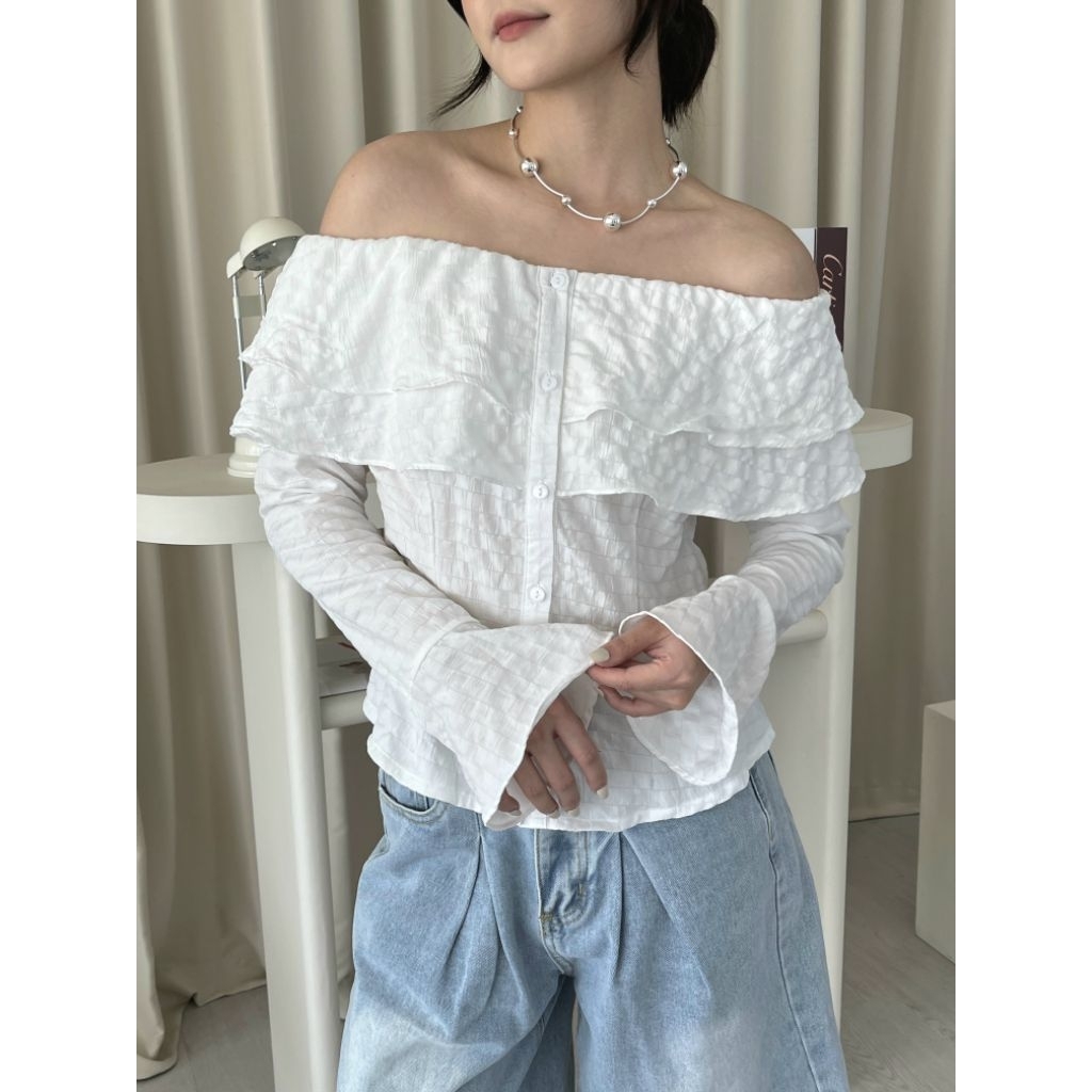 Blus Wanita - Sabrina Ruffle Top (White)