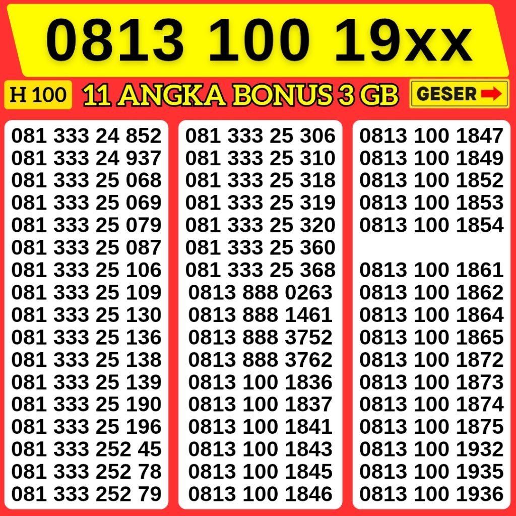 11 Digit Bonus Kuota 3gb Nomor Cantik Telkomsel Hoki 1001 Kartu Perdana Telkomsel Tsel Red Telkomsel