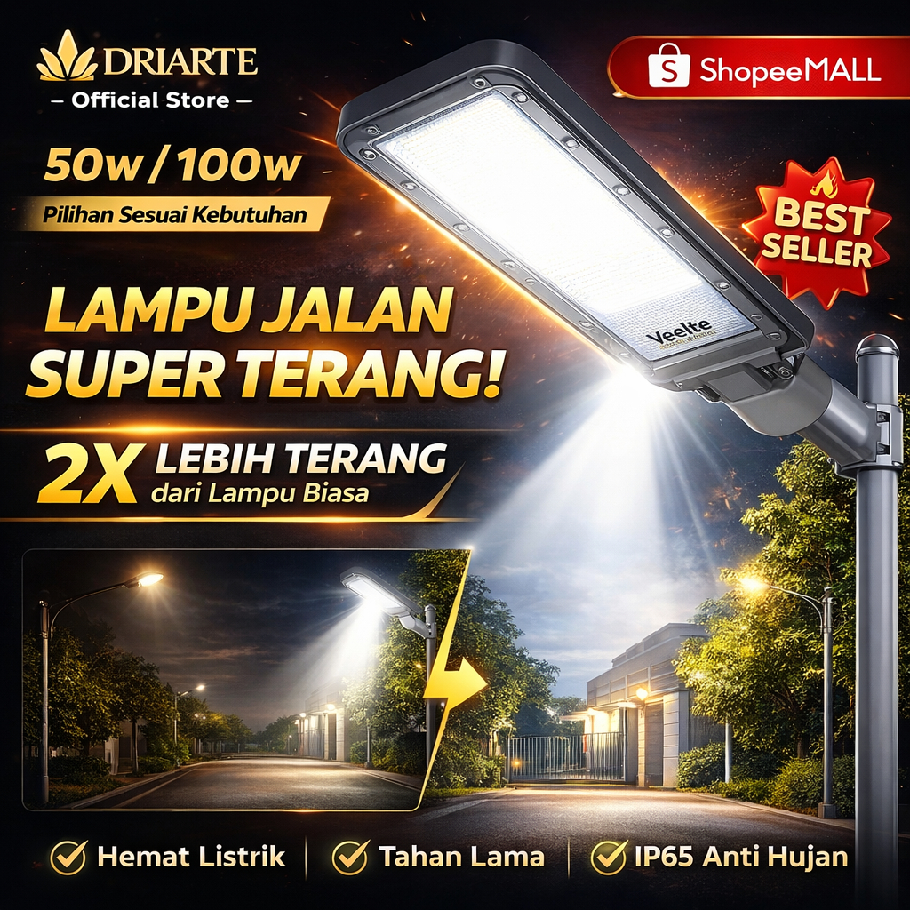 DRIARTE Lampu Jalan LED 50W/100W Super Terang – 2X Lebih Terang, IP65 Anti Hujan, Hemat Listrik, Tah