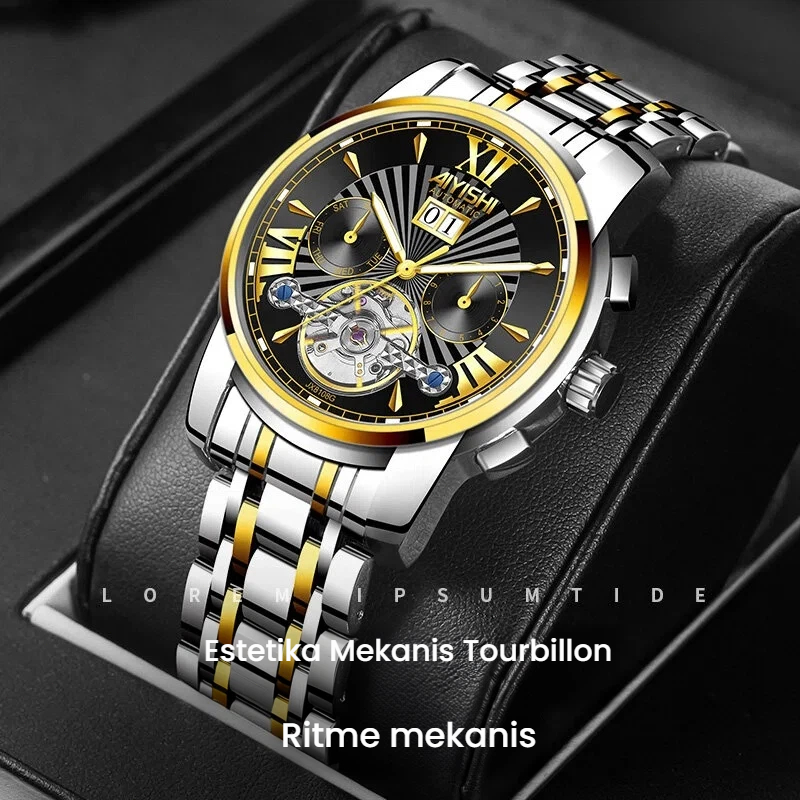 AIYISHI Jam Tangan Mekanis JX8108, Rantai Baja Elegan Emas Hitam, Tanggal Ganda, Pengukur Waktu, Bis