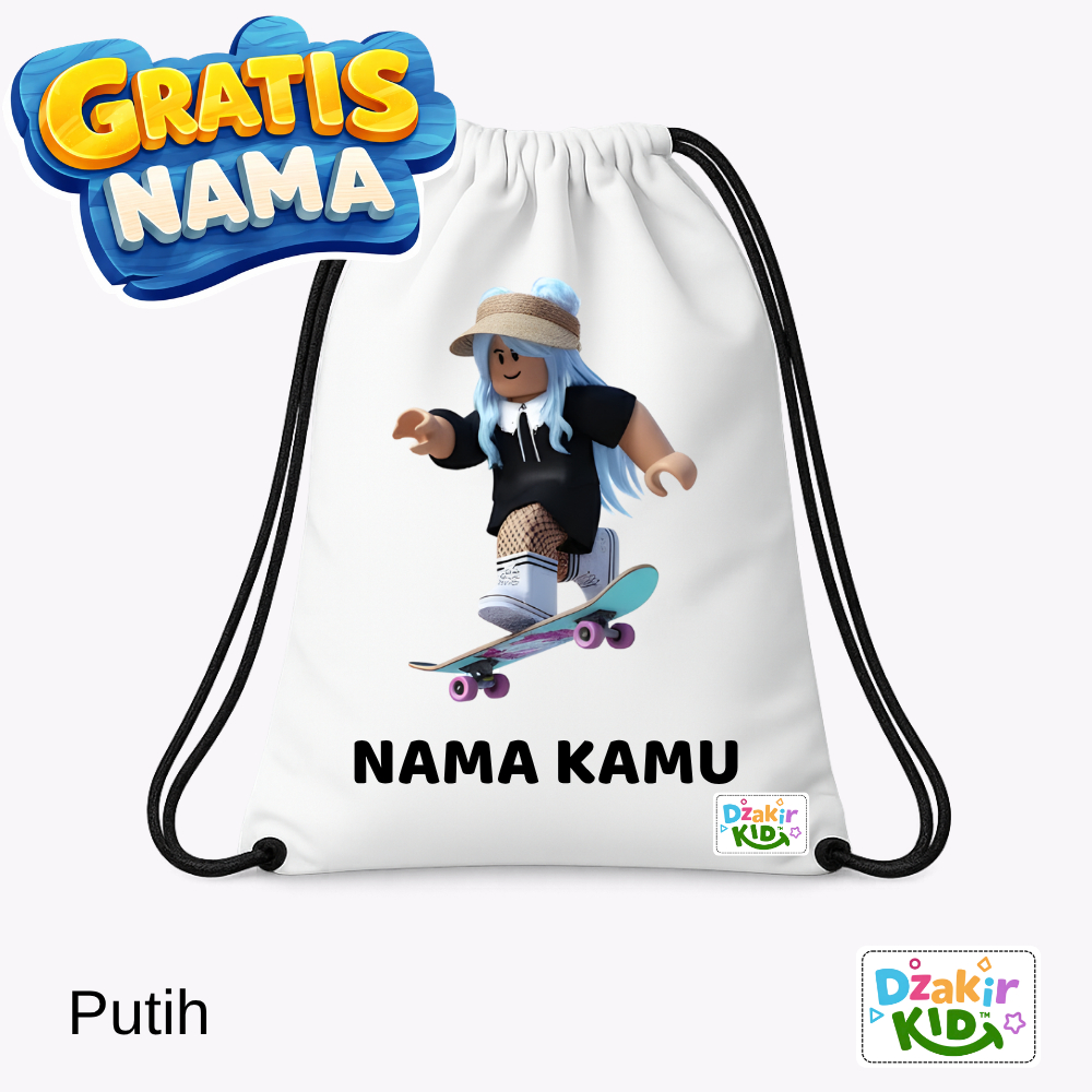 DZAKIR KIDS Tas Serut Roblox Skate Perempuan Baju Hitam Rambut Biru Topi Aneka Warna Anak Sekolah Ka