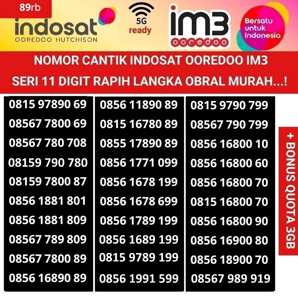 nomer cantik 11 digit indosat ooredoo 4G 5G ready nomor kartu perdana im3 internet freedom 3GB