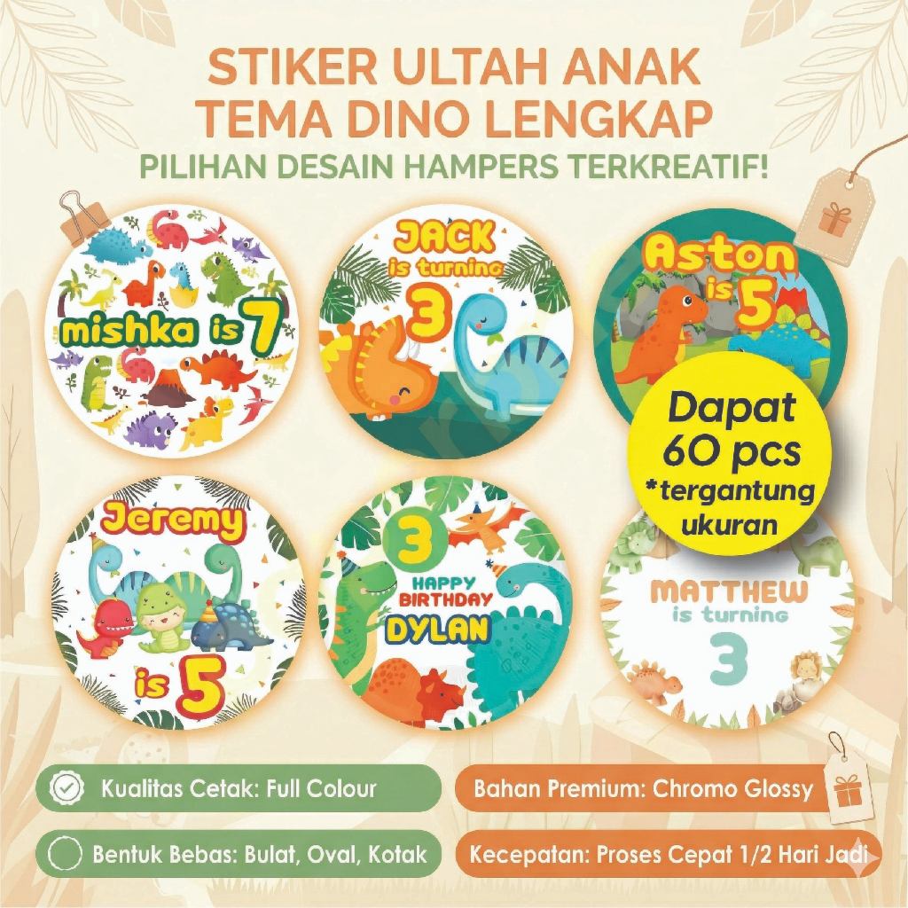 Label Stiker Ulang Tahun Anak Tema Dinosaurus Dino PILIH - Sticker Nama Custom Hampers Souvenir Ulta