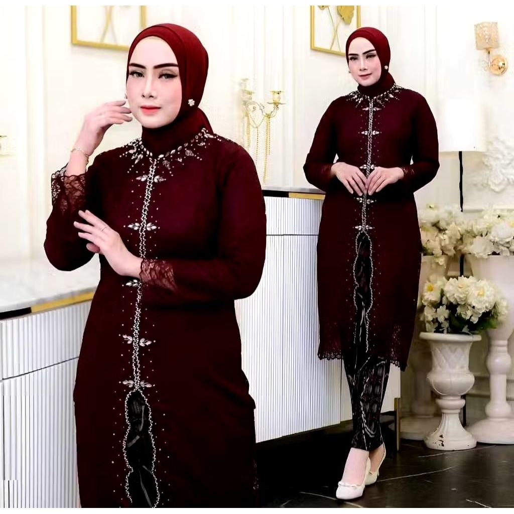 (GRATIS HIJAB)Set Kebaya Model Zigzag Brukat Payet Mutiara//Kebaya Tunik Brukat//Kebaya Lamaran//Keb