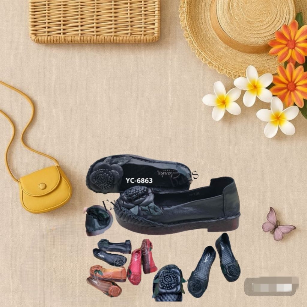 Clarks Sepatu Flat Aquilegia Flower II Sepatu Wanita Original Kulit Sapi Asli Size 35-42 Kulit ASLI 