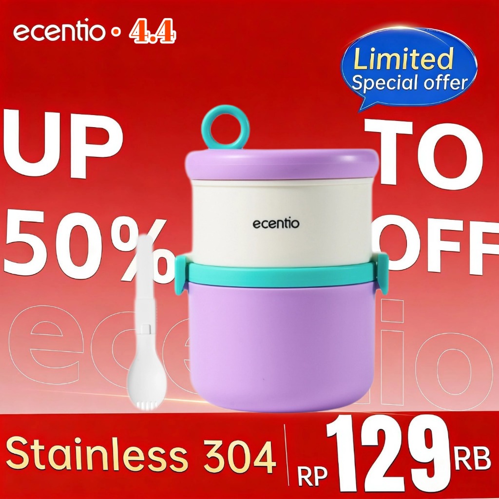 [Special offer] ecentio Kotak bekal stainless steel Double layer 730+550ml lunch box Tahan bocor Ant