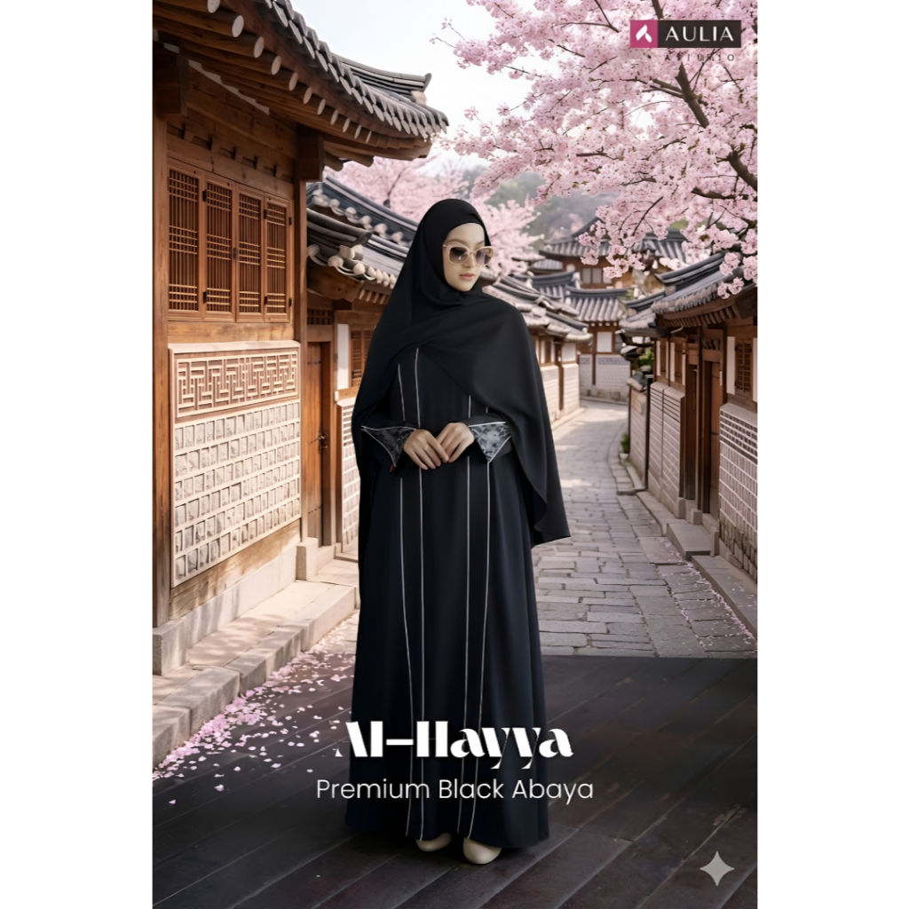 GAMIS ABAYA AL HAYYA PREMIUM JETBLACK BY AULIA ORIGIRAL NEW SET HIJAB KHIMAR SYARI WARNA HITAM BESTS