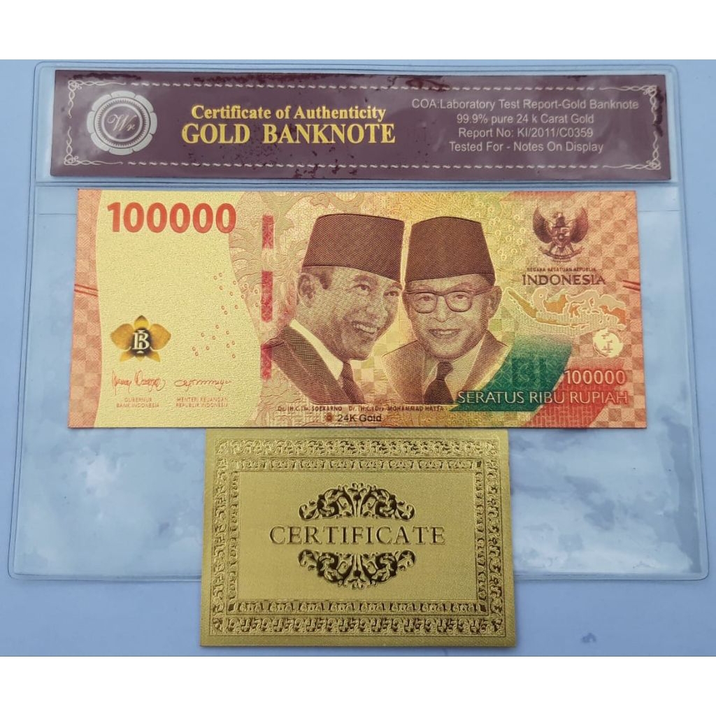 Uang souvenir gold foil color bergambar 100.000 soekarno hatta NKRI soufenir goldfoil berwarna 10000