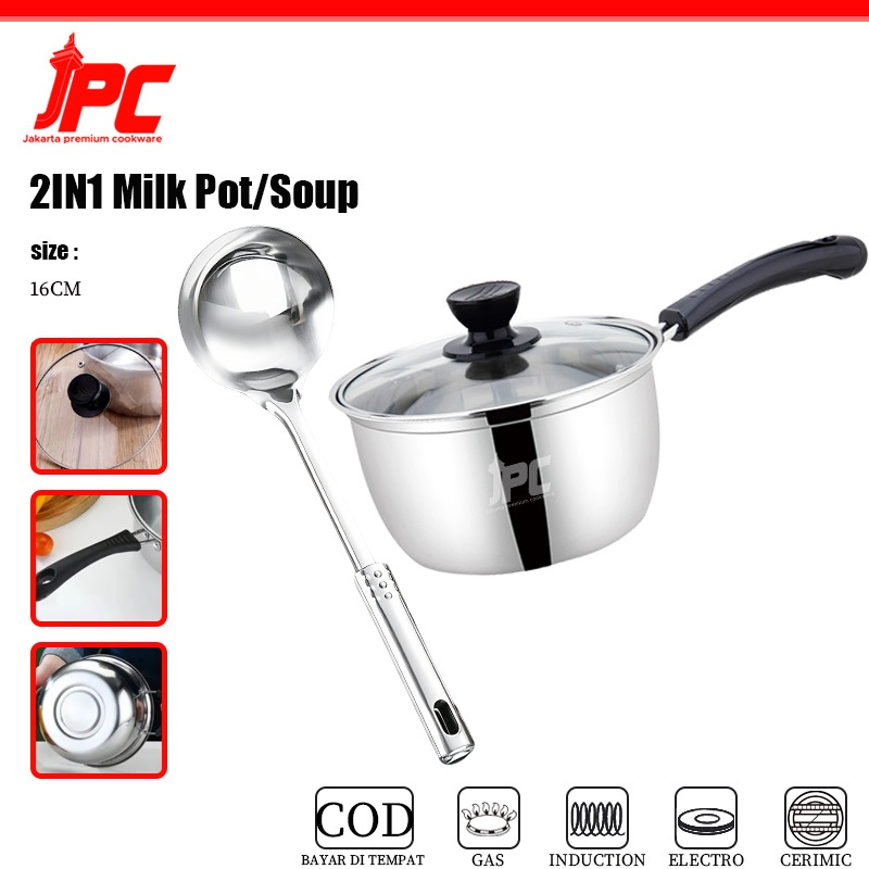 JPC 16CM 2IN1 Panci Susu Mini Stainless/Panci Susu Stainless Steel Tebal (Dengan Tutup Kaca) Tersedi