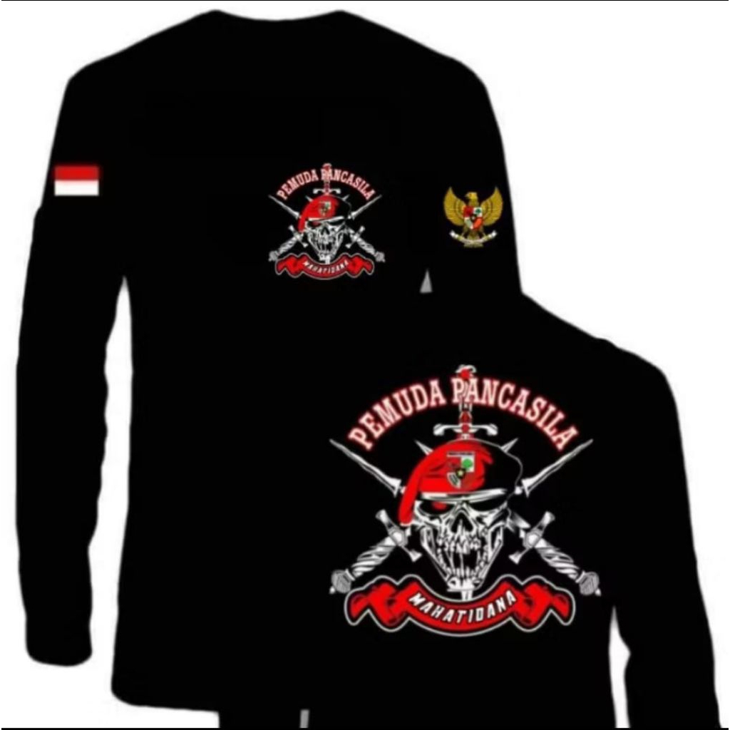 KAOS LENGAN PANJANG PEMUDA PANCASILA MAHATIDANA MOTIF TENGKORAK DAN BELATI MERAH
