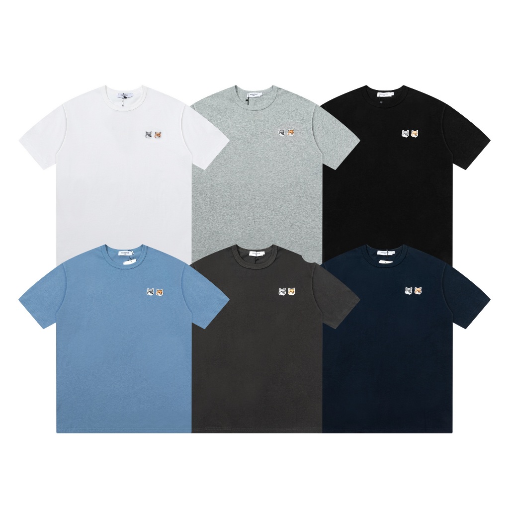 8801# Kaos Maison Kitsune Double Fox Head Sederhana dan serbaguna katun lengan pendek unisex