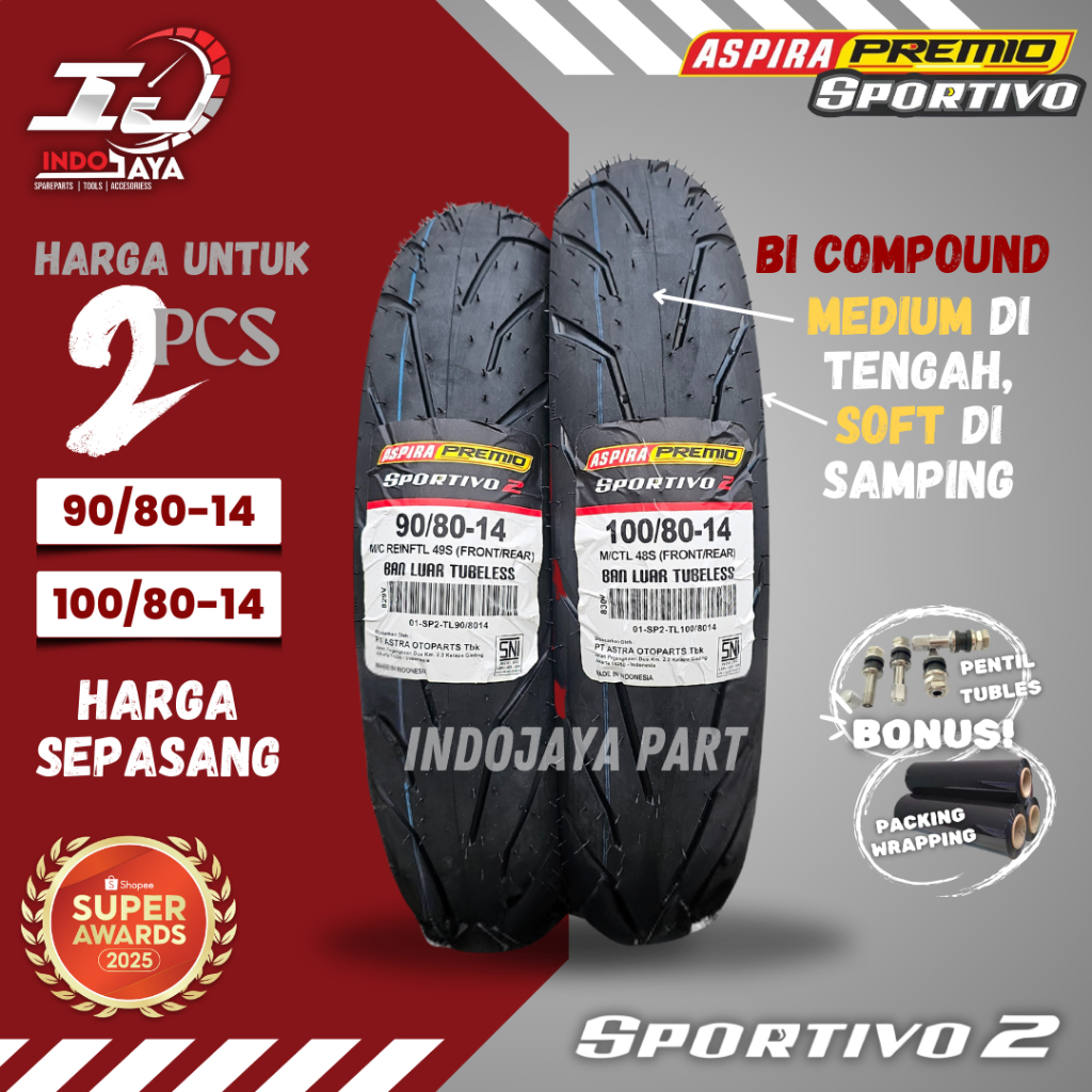 [HARGA MURAH SEPASANG] BAN LUAR ASPIRA PREMIO SPORTIVO 2 (90/80-14 & 100/80-14) BAN LUAR TUBELESS PR