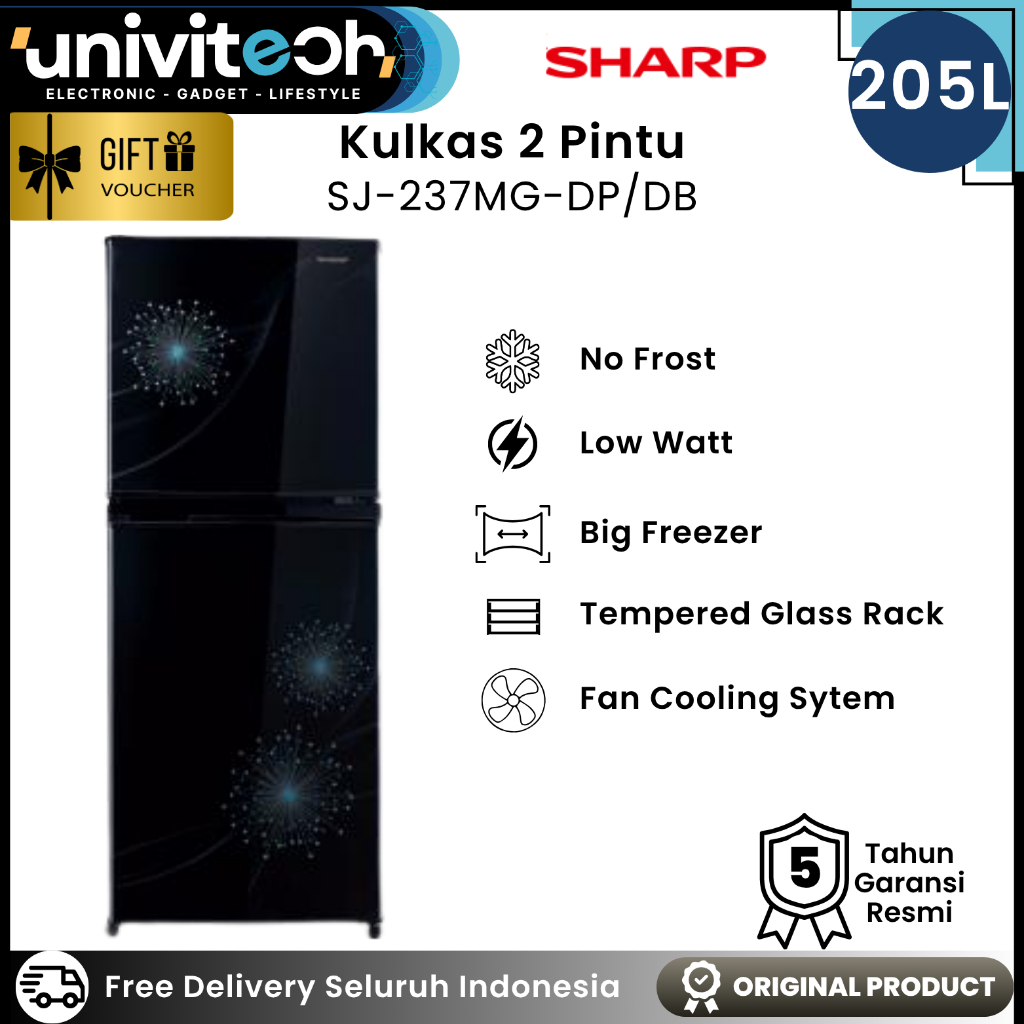 Sharp Kulkas 2 Pintu 205 Liter Tanpa Bunga Es Low Watt Big Freezer Fan Cooling Rak Kaca, SJ 237MG DP