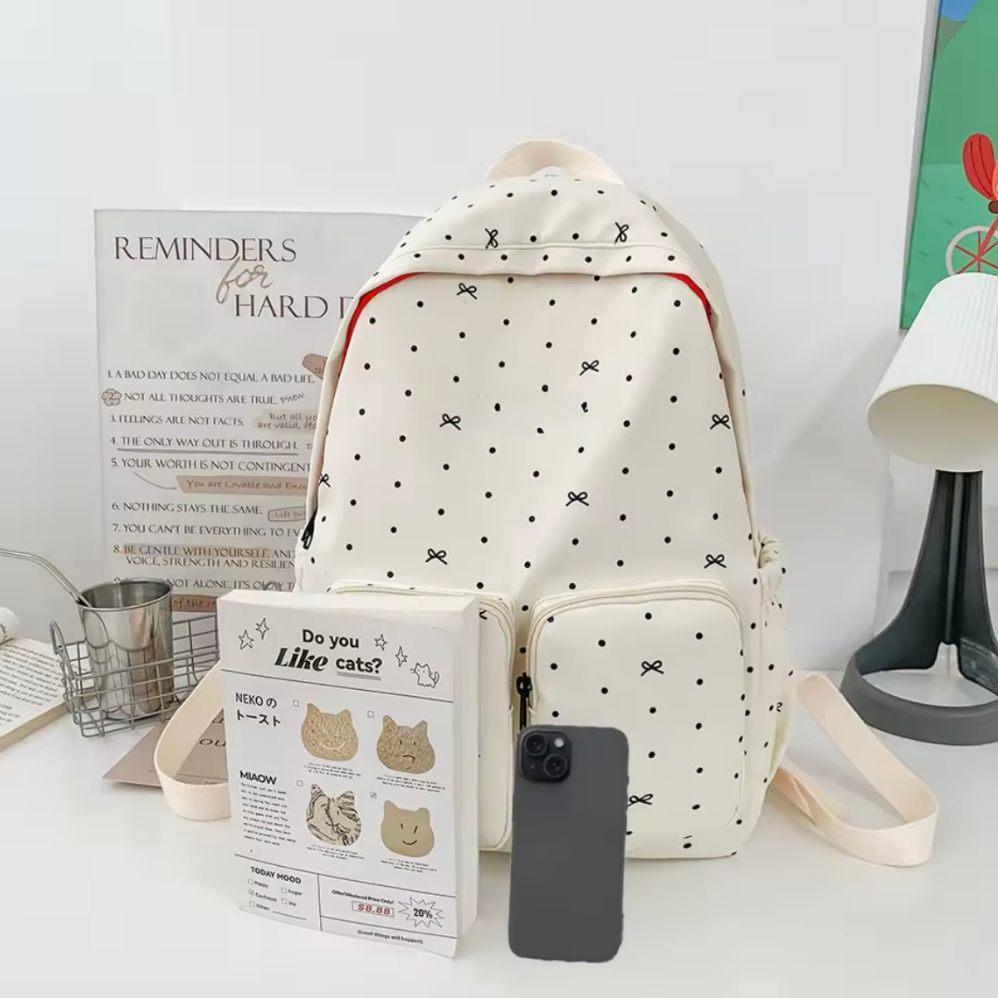 Tas Sekolah Anak Cewe Motif Pita Polkadoot Warna Hitam Dan Putih