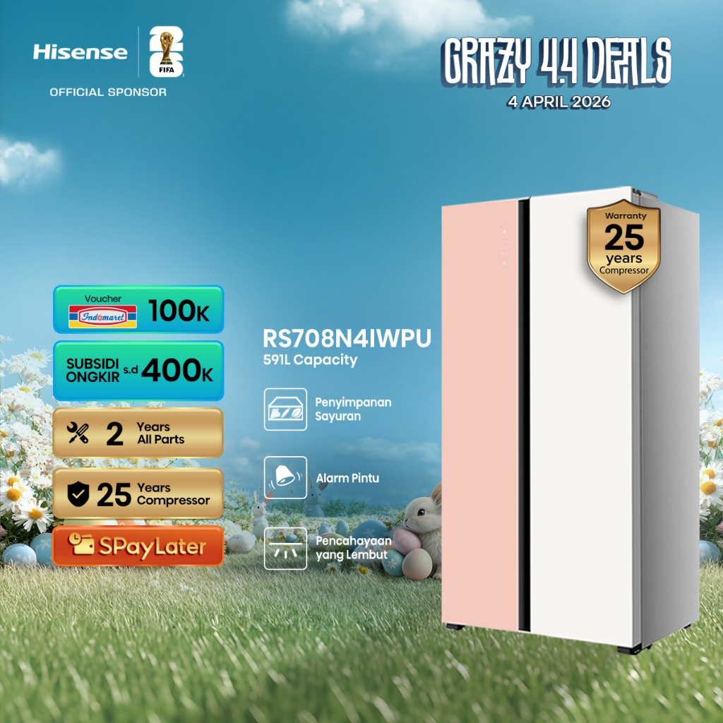 Hisense Kulkas RS708N4IWPU Refrigerator Side By Side Kapasitas 591L Warna Putih Pink Inverter Tanpa 