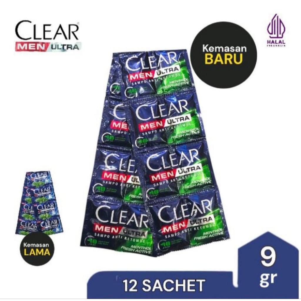 Shampoo Clear Men Ultra Anti Ketombe Dengan Menthol Fresh Active 9ml 1 Renceng isi 12 Sachet