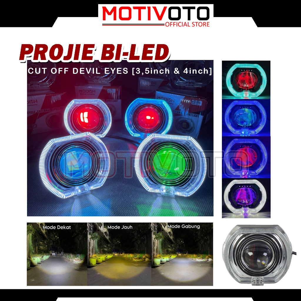 Projie Biled Cut Off Ala ala Bi-Led 3.5inch & 4inch Plus Shroud Demon Devil Eyes Jauh Dekat 35Watt u