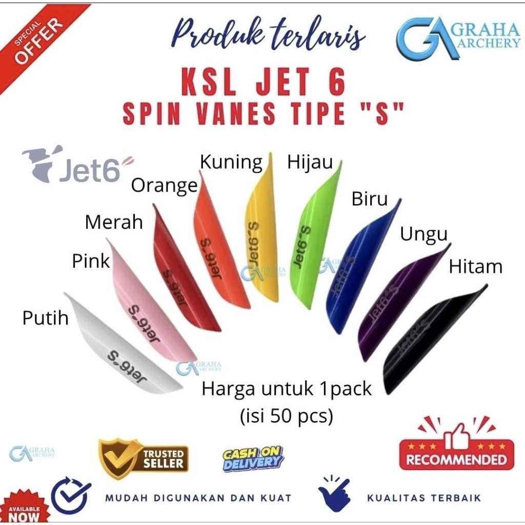 SPIN VANES KSL JET 6 TIPE S | SPIN VANES UNTUK RECURVE DAN BAREBOW PANAHAN | SAYAP ANAK PANAH IMPOR