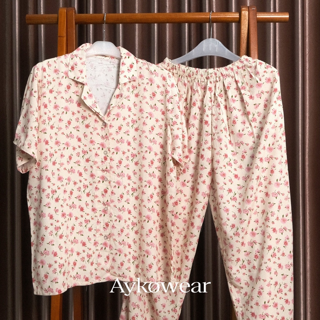 Aykowear Piyama Wanita Set Rayon - Blush Ditsy