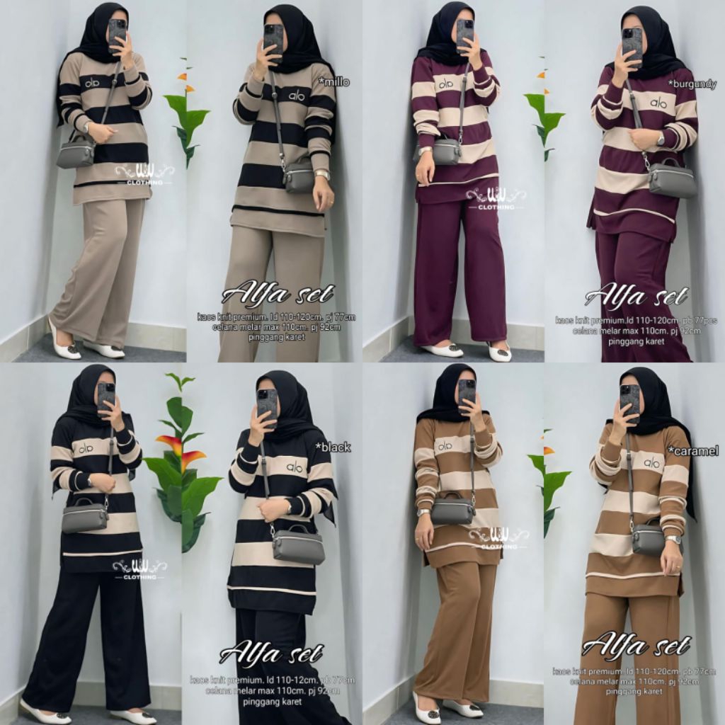 Best Seller Alfa Set / Setelan Atasan Kaos knit premiun Ld110-120 Pj77 dan Celana Pj92 Melar 110 by 