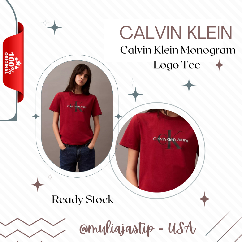 Ready Baju Red Cewek CK CalvinKleinMonogram Logo Tee Ready Size XS & L