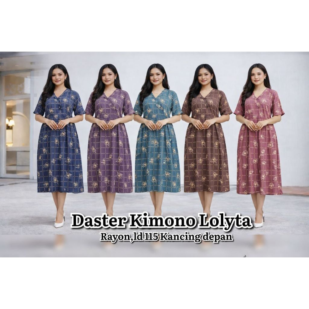 Daster Kimono Lolyta Rayon Premium Kancing Depan LD 115 Dress Wanita Adem Nyaman Motif Kotak Elegan