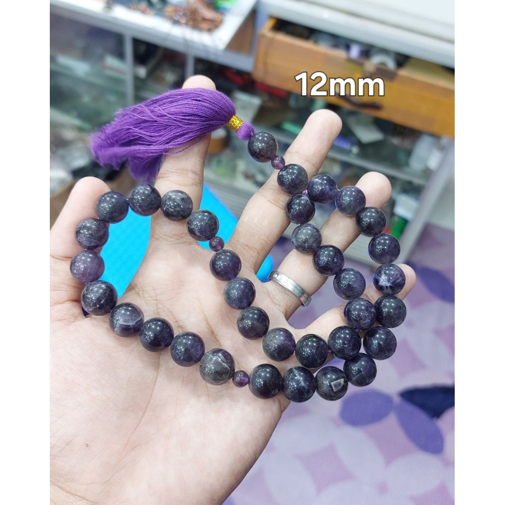 Tasbih 33 Batu Kecubung Amethys Asli 100 % Ukuran 12mm Besar
