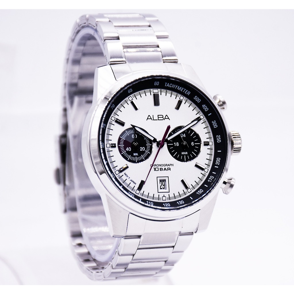 Alba Signa A4B009X1 Chronograph Men Panda Silver White Black Dial Stainless Steel Strap