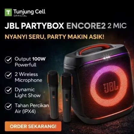 JBL Partybox Encore 2 Mic Original Speaker Bluetooth Portable 100W + 2 Wireless Mic IPX4