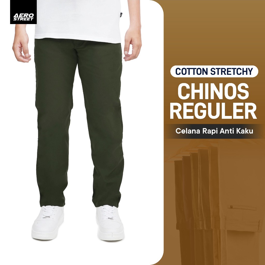 Aerostreet Revano Celana Chinos Pria Olive Kain Pants Cowok Men Casual Cotton Twill Stretch