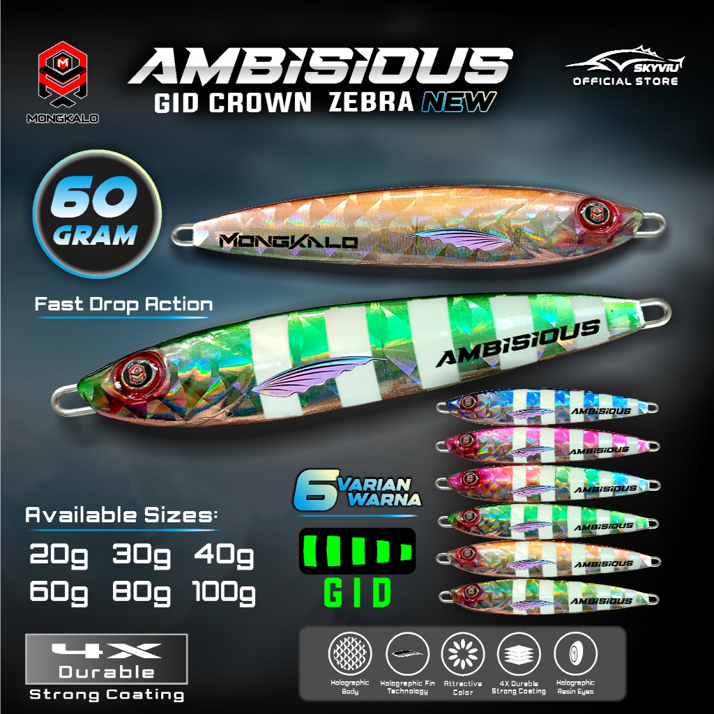 Metal Jig 60 Gram MONGKALO AMBISIOUS 60gram GID Zebra Glow In The Dark Hologram Sisik Kipas MetalJig