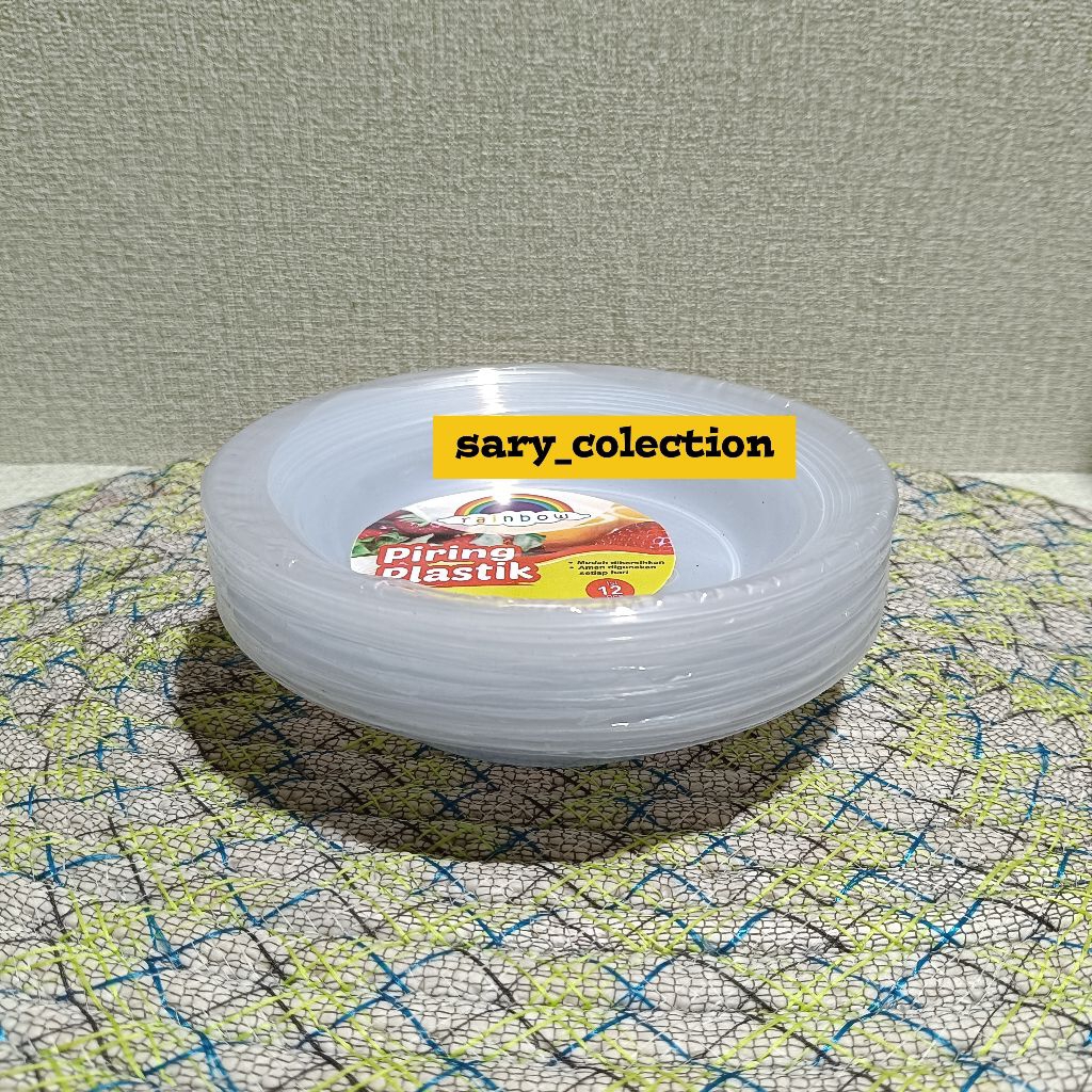 1 Lusin Piring Makan Plastik Warna Putih Transparant Rainbow Plastik