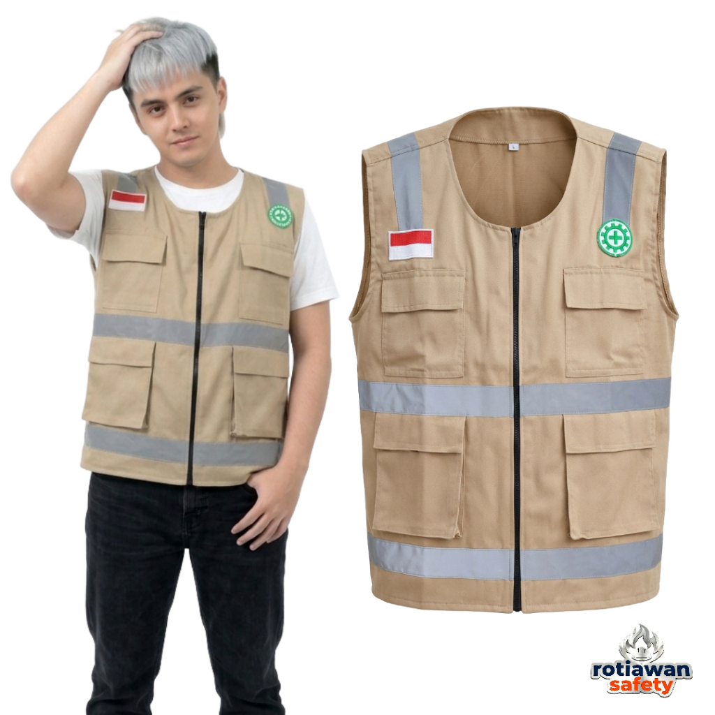 Rompi Proyek/Rompi Lapangan/Rompi Tambang/Safety Vest Pria wanita Bahan Drill PE original Cream