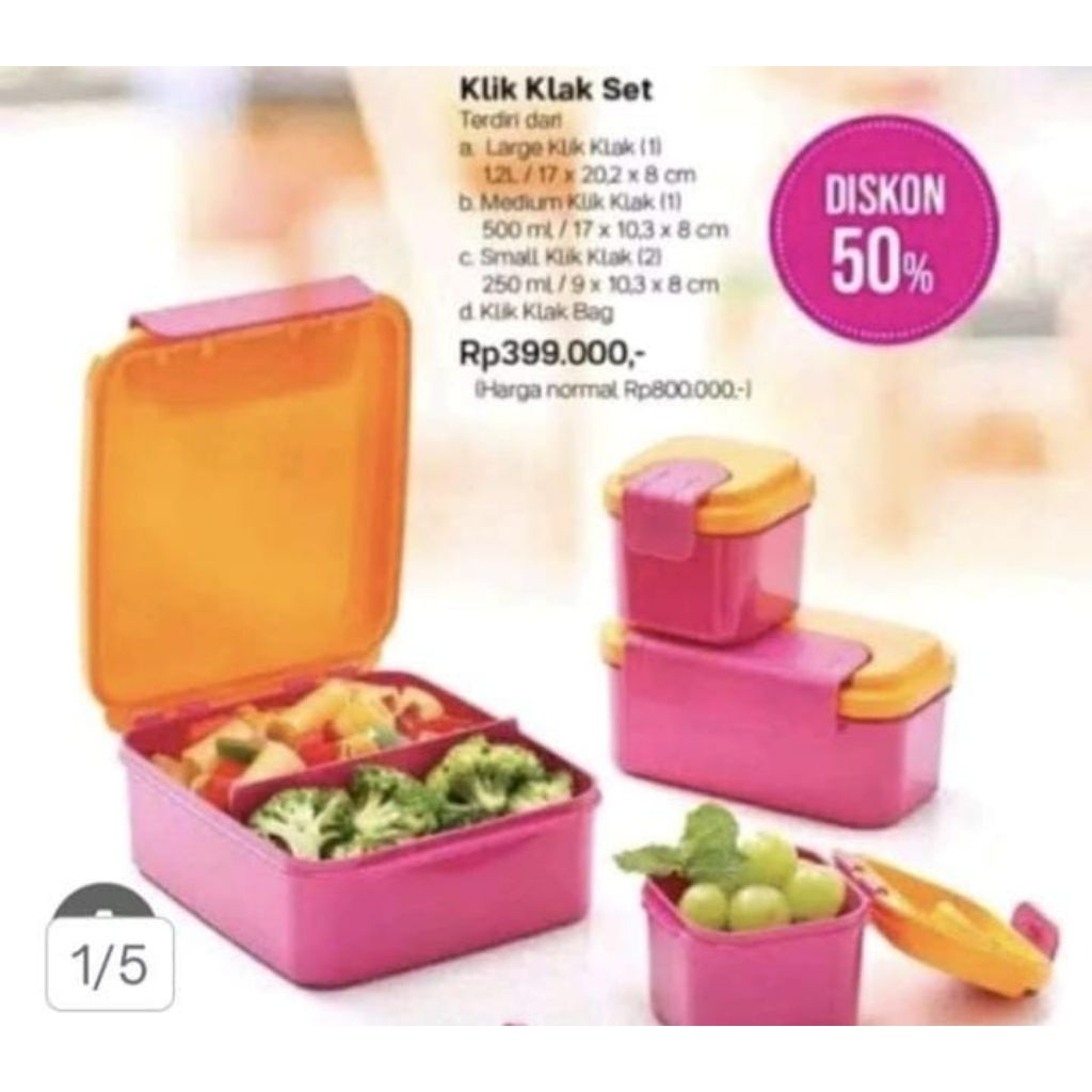 Promo Tupperware tempat bekal klik klak set Pink Oren pakai kotak