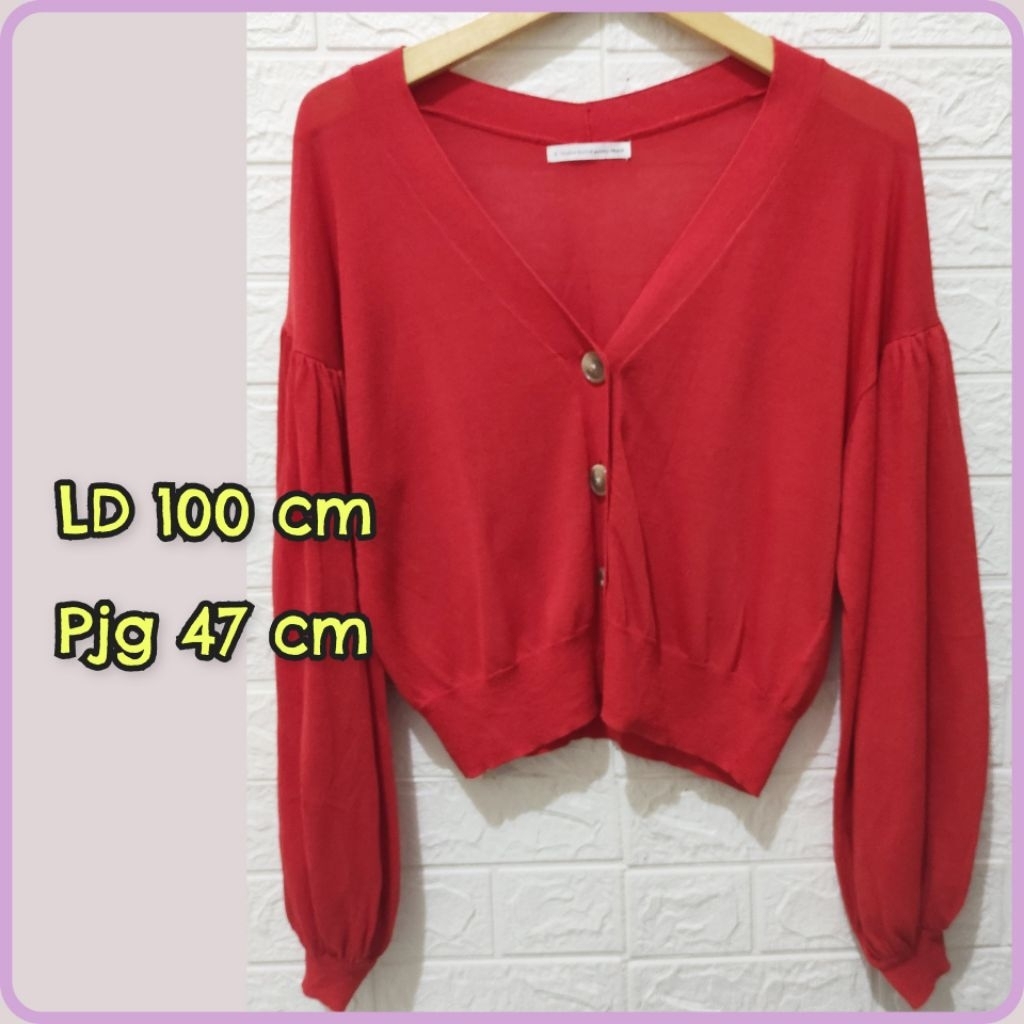 Cardigan crop rajut Lengan balon warna terakota
