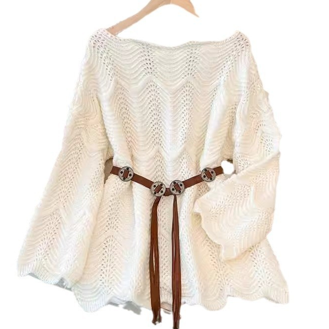 Pakaian Luar Longgar Sedang Sweater Off-shoulder Pullover Atasan Rajut untuk Wanita