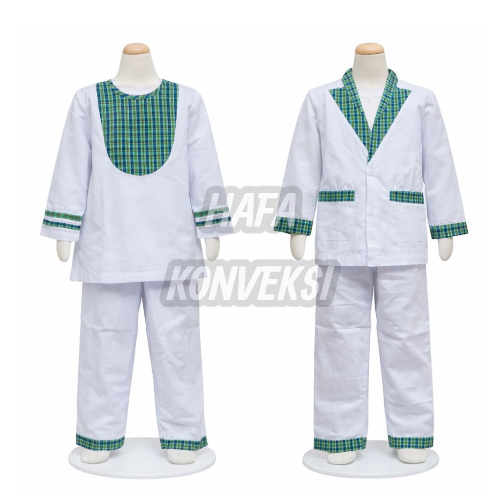 Baju Muslim Anak / Seragam Muslim Anak Tk Putih Kotak Hijau