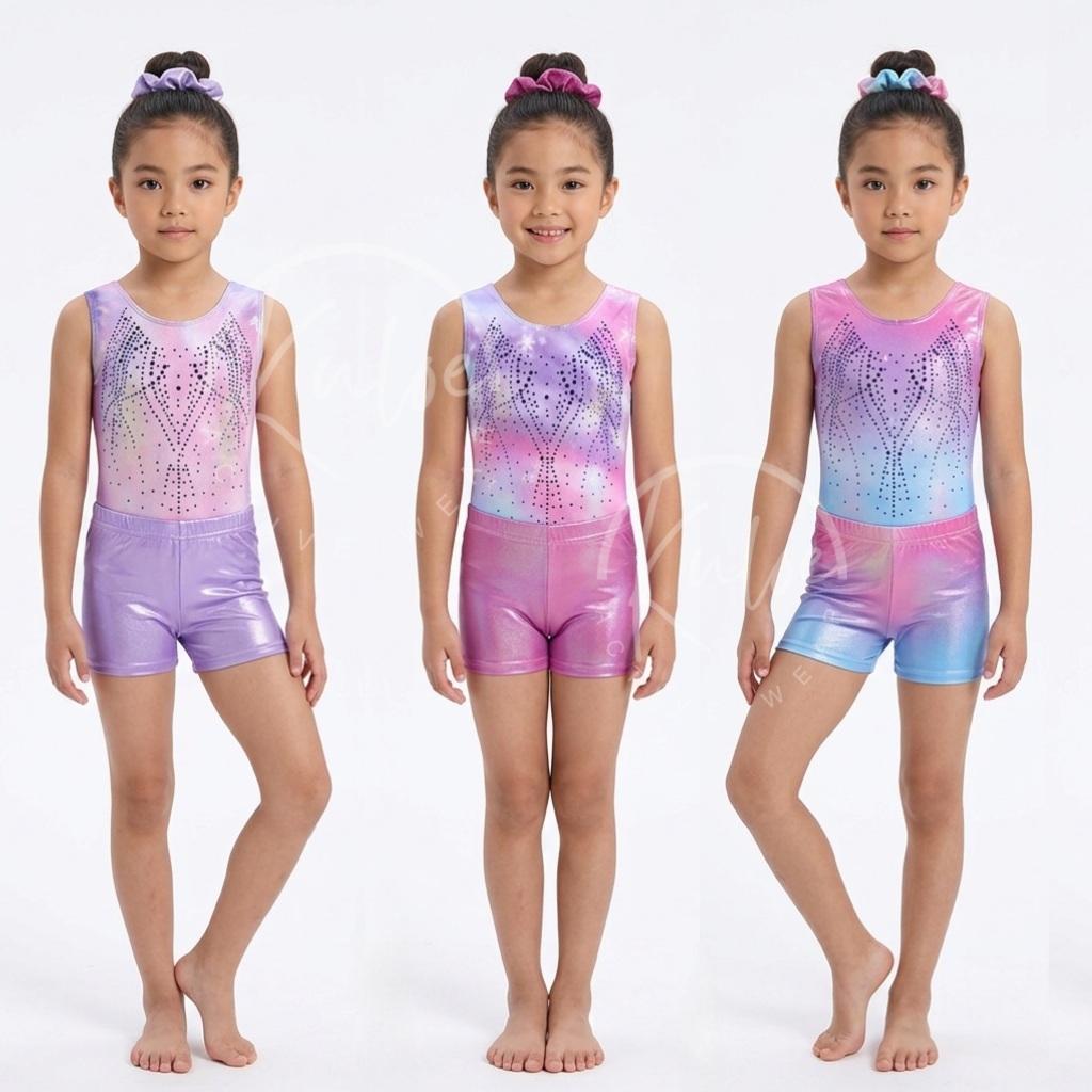 Set Baju Senam Anak Perempuan / Leotard Gymnastics + Celana & Scrunchie - Motif Crystal Sparkling