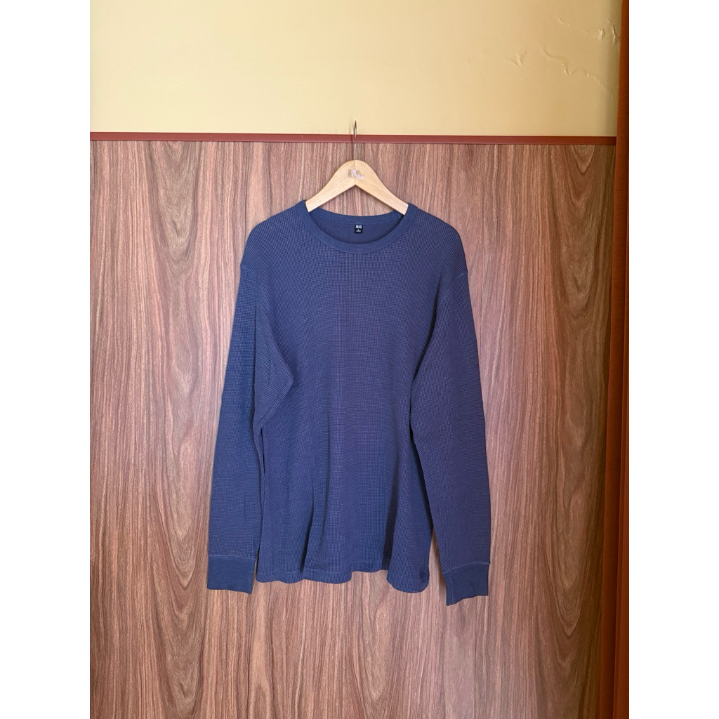 Baju Kaos Lengan Panjang Uniqlo Waffle Biru Second