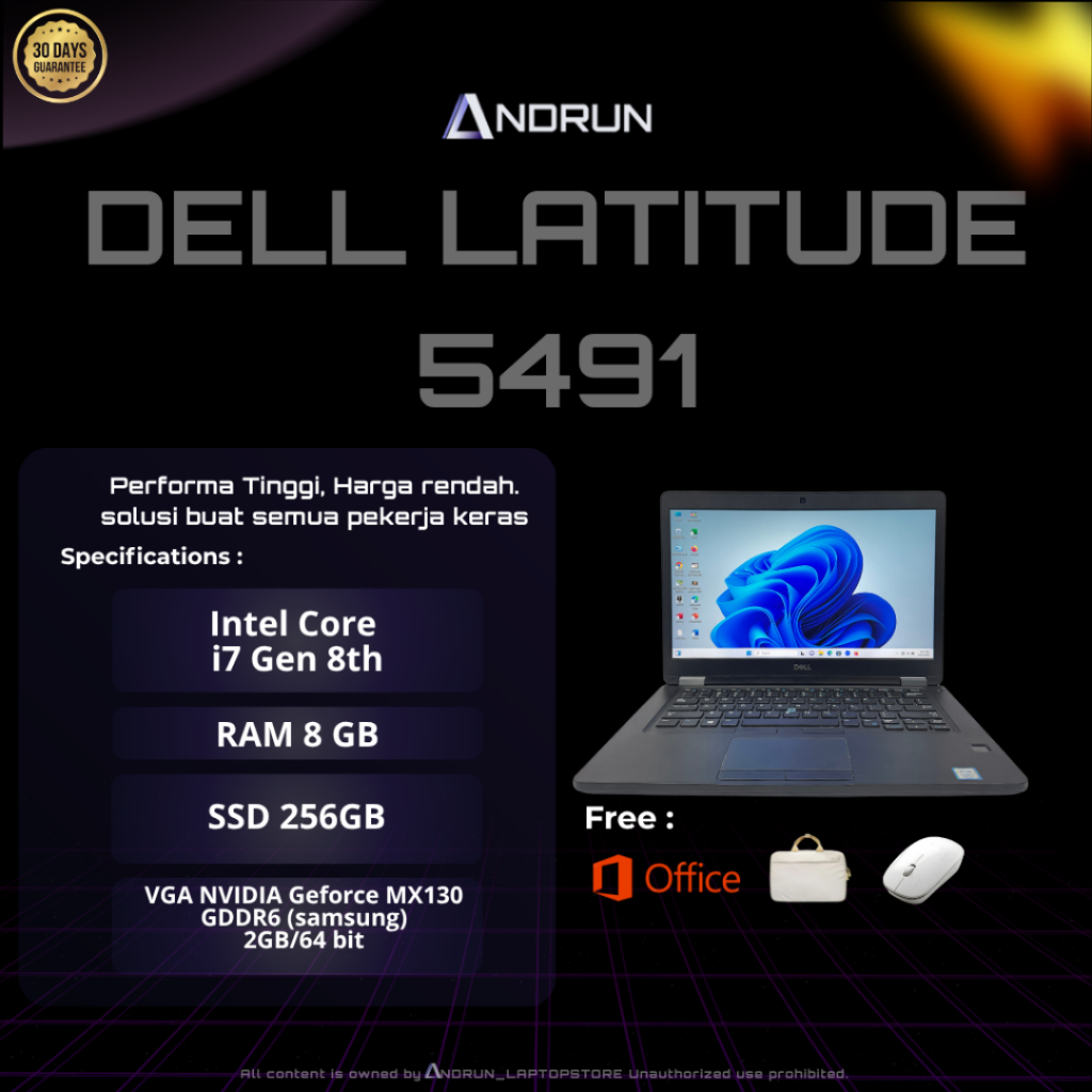 BUSINESS COORPAORATE LAPTOP LATITUDE 5491 i7 gen 8th // 8GB/256 GB // VGA 2/64 bit NVIDIA Geforce MX