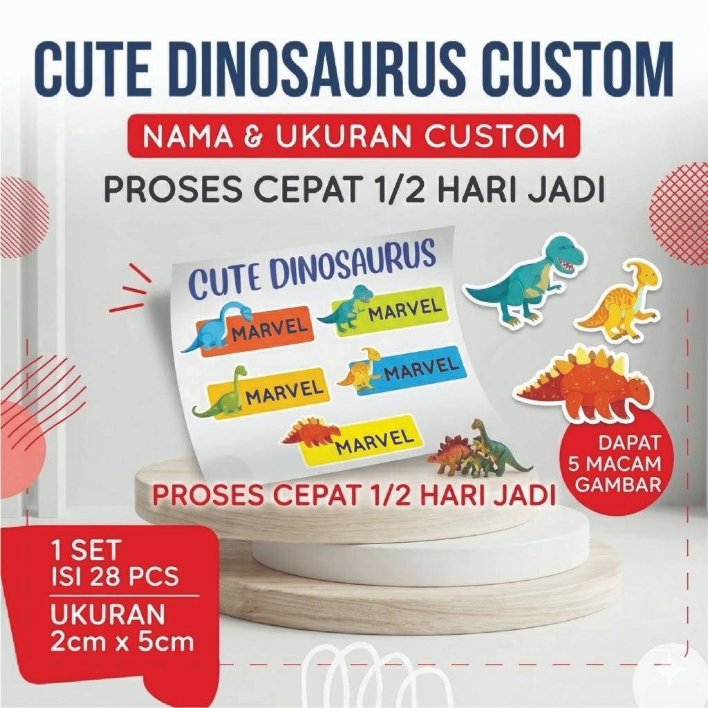 Stiker Nama Anak Custom Karakter Dinosaurus Lucu Waterproof - Label Nama Buku Pelajaran Sekolah Aest