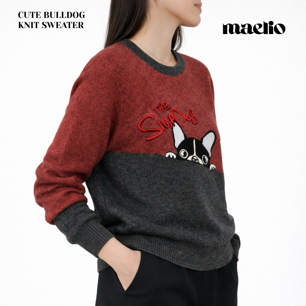 Maelio | Cute BullDog Knit Sweater Combinasi Warna Tebal Bahan Acrylic Premium